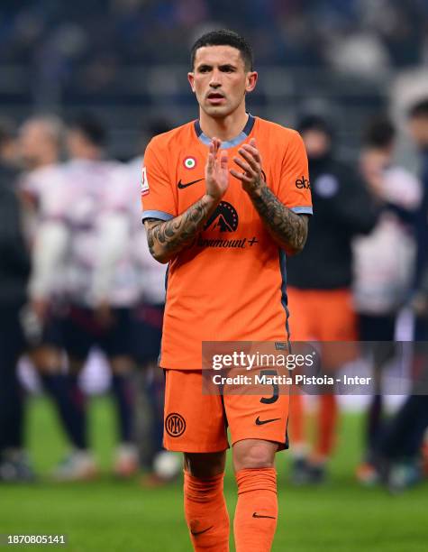 Stefano Sensi of FC Internazionale reacts at the end of the Coppa Italia Match between FC Internazionale and Bologna FC at Giuseppe Meazza Stadium on...