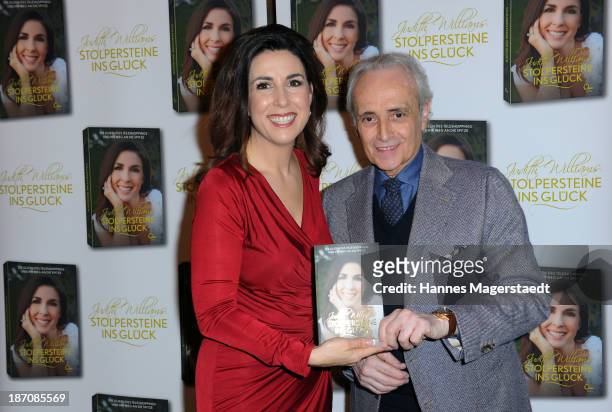 Judith Williams and singer Jose Carreras attend the book launching of 'Stolpersteine ins Glueck' press conference at Hotel Bayerischer Hof on...