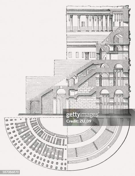 colosseum in rome, italy, wood engraving, published in 1876 - amphitheatre stock illustrations