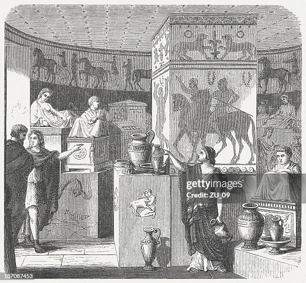 etruscan tomb, volterra, visual reconstruction, wood engraving, published in 1876 - etruscan stock illustrations