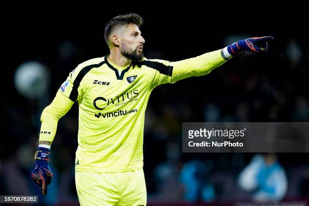 Benoit Costil of US Salernitana gestures during the Serie A match between US Salernitana and AC Milan at Stadio Arechi on December 22, 2023 in...
