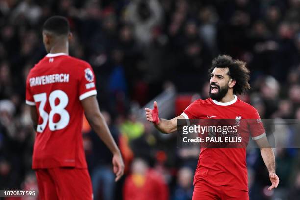 Liverpool's Egyptian striker Mohamed Salah reacts during the English Premier League football match between Liverpool and Arsenal at Anfield in...