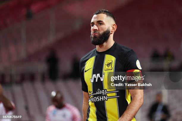 Karim Benzema of Al Ittihad looks on prior the Saudi Pro League match between Al-Ittihad and Al-Raed at King Abdul Aziz Stadium on December 23, 2023...