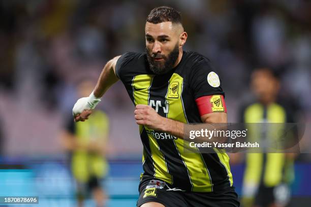 Karim Benzema of Al Ittihad during the Saudi Pro League match between Al-Ittihad and Al-Raed at King Abdul Aziz Stadium on December 23, 2023 in...