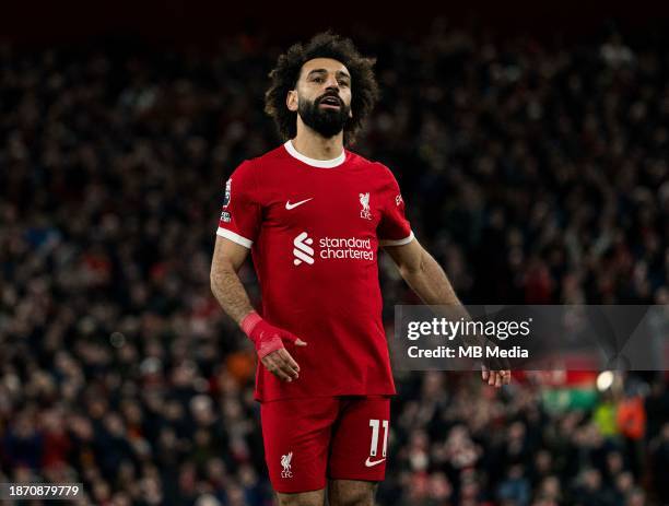 Mohamed Salah of Liverpool looks on during the Premier League match between Liverpool FC and Arsenal FC at Anfield on December 23, 2023 in Liverpool,...