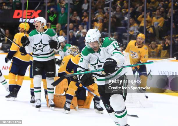 Dallas Stars right wing Craig Smith celebrates his game-tying goal during the NHL game between the Nashville Predators and Dallas Stars, held on...