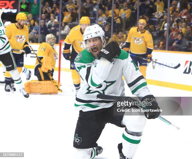 Dallas Stars right wing Craig Smith celebrates his game-tying goal during the NHL game between the Nashville Predators and Dallas Stars, held on...