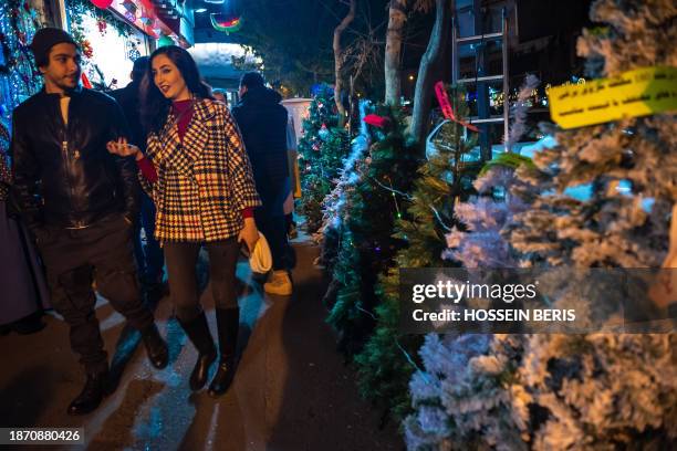 Tehran, Iran. Iranian People are standing in front of a shop decorated for Christmas shopping in downtown Tehran, Iran, on December 22, 2023. Iran's...