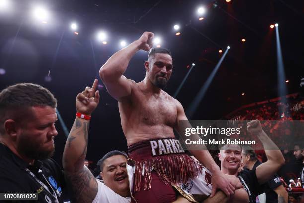 Joseph Parker celebrates after defeating Deontay Wilder during a heavyweight fight at the Day of Reckoning event at Kingdom Arena on December 23,...