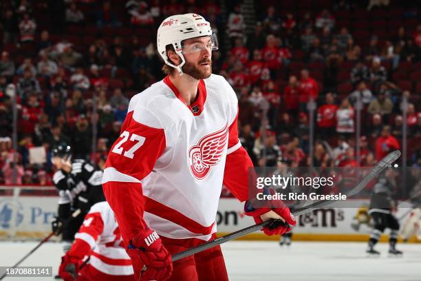 Michael Rasmussen of the Detroit Red Wings warms up prior to the game against the New Jersey Devils at the Prudential Center on December 23, 2023 in...