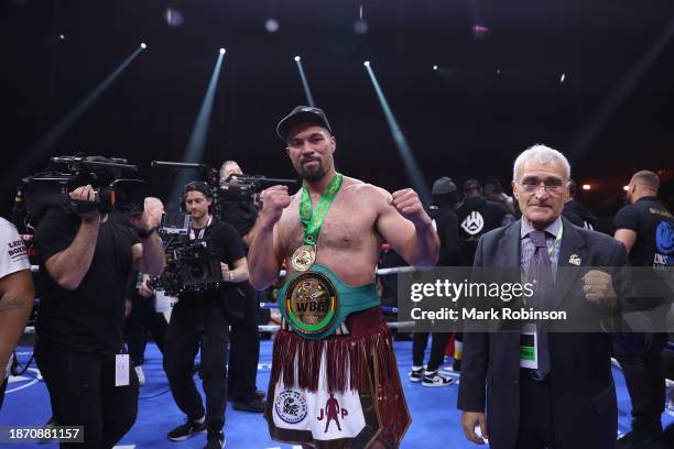 Joseph Parker celebrates after defeating Deontay Wilder during a heavyweight fight at the Day of Reckoning event on December 23, 2023 in Riyadh,...