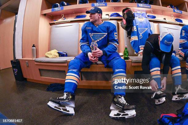 Colton Parayko of the St. Louis Blues before warmups against the Chicago Blackhawks on December 23, 2023 at the Enterprise Center in St. Louis,...