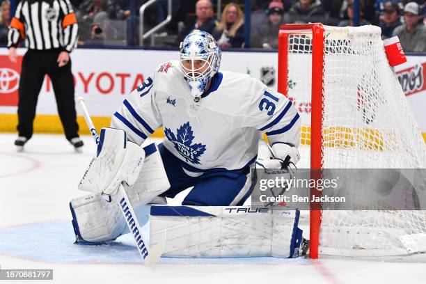 Goaltender Martin Jones of the Toronto Maple Leafs defends the net during the first period of a game against the Columbus Blue Jackets at Nationwide...