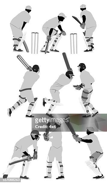 cricket schlagmann in aktion - cricket player white background stock-grafiken, -clipart, -cartoons und -symbole