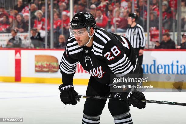 Timo Meier of the New Jersey Devils skates in the second period of the game against the Detroit Red Wings at the Prudential Center on December 23,...