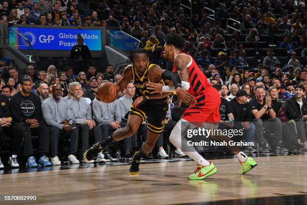 Jonathan Kuminga of the Golden State Warriors drives to the basket during the game against the Portland Trail Blazers on December 23, 2023 at Chase...