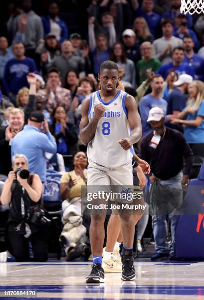 David Jones of the Memphis Tigers celebrates against the Vanderbilt Commodores during the second half on December 23, 2023 at FedExForum in Memphis,...