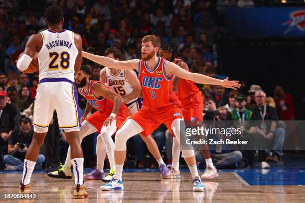 Davis Bertans of the Oklahoma City Thunder plays defense during the game against the Los Angeles Lakers on December 23, 2023 at Paycom Arena in...