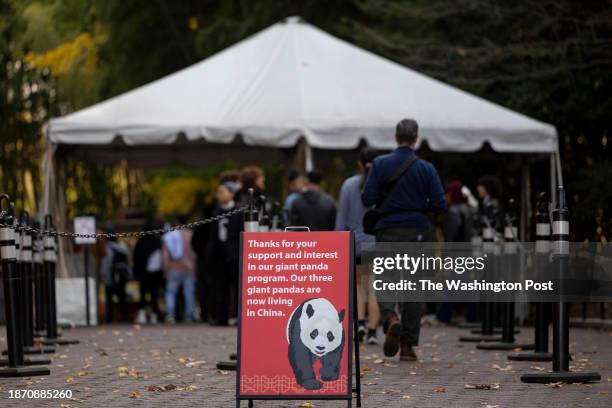 Sign telling guests about the departure of the pandas sits at the entrance of the Smithsonian National Zoo in Washington, D.C. On November 9, 2023.