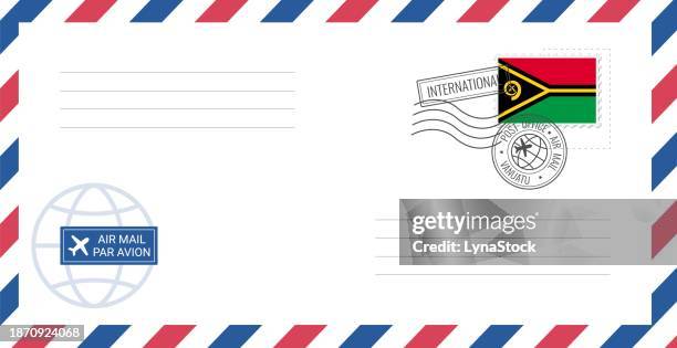 blank air mail envelope with vanuatu postage stamp. postcard vector illustration with vanuatu national flag isolated on white background. - vanuatu stock illustrations