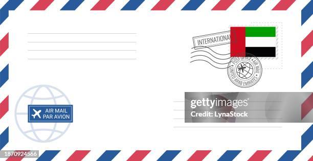 blank air mail envelope with united arab emirates postage stamp. postcard vector illustration with united arab emirates national flag isolated on white background. - uae flag vector stock illustrations