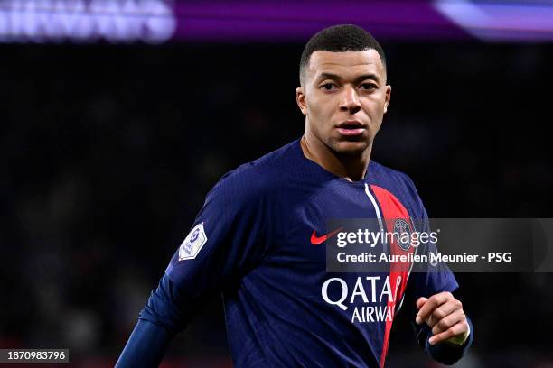 Kylian Mbappe of Paris Saint-Germain looks on during the Ligue 1 Uber Eats match between Paris Saint-Germain and FC Metz at Parc des Princes on...