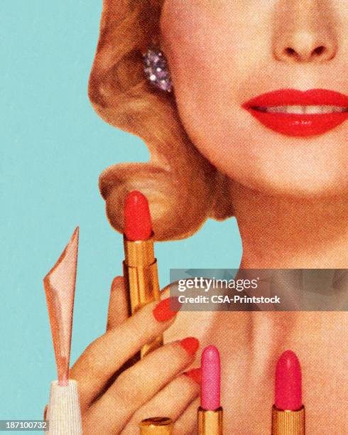 ilustraciones, imágenes clip art, dibujos animados e iconos de stock de mujer con lipsticks - pintalabios