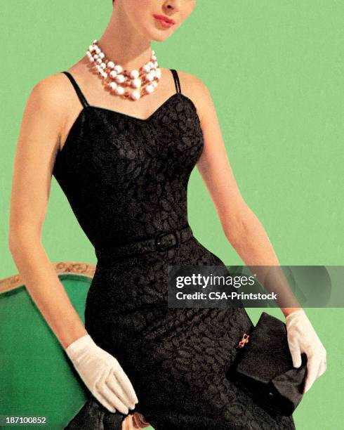 stockillustraties, clipart, cartoons en iconen met woman wearing black dress and pearl necklace - dress