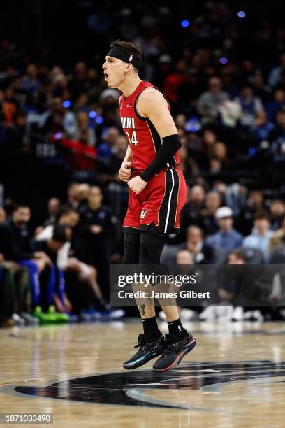 Tyler Herro of the Miami Heat reacts during the first half of a game against the Orlando Magic at Amway Center on December 20, 2023 in Orlando,...