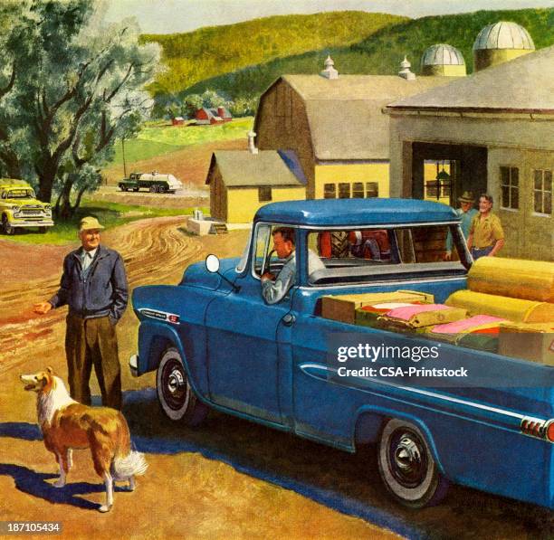 stockillustraties, clipart, cartoons en iconen met farm scene with blue vintage truck - schuur