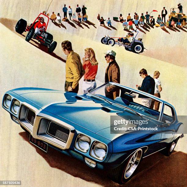 blaues auto auf sanddünen - vintage race car stock-grafiken, -clipart, -cartoons und -symbole