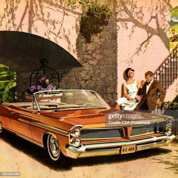 couple standing next to orange convertible car - convertible stock illustrations