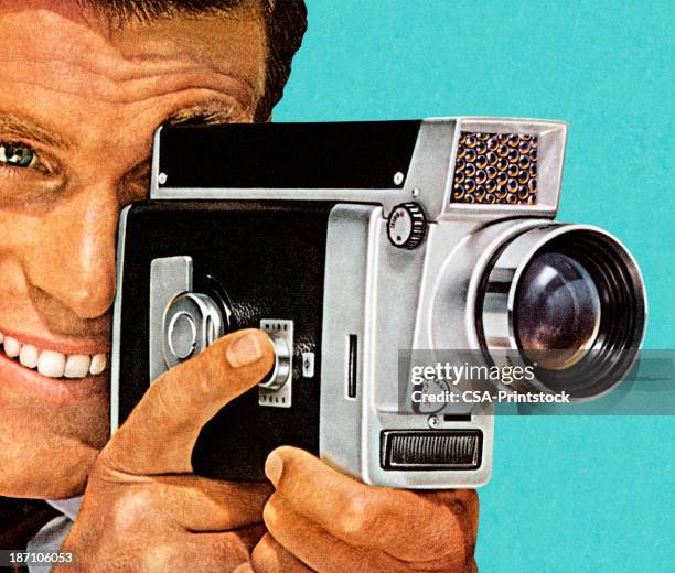 retro style painting of man using vintage video camera - retro camera stock illustrations