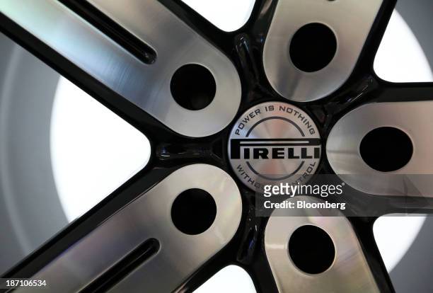 The company logo sits on a wheel hub of a Pirelli tire, manufactured by Pirelli SpA, following a news conference in London, U.K. On Wednesday, Nov....