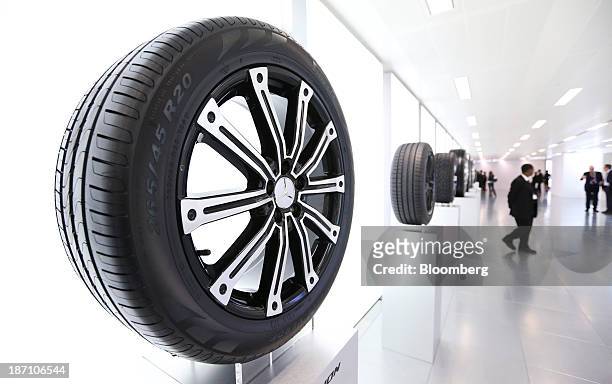 Scorpion Verde automobile tire, manufactured by Pirelli SpA, sits on display following a news conference in London, U.K. On Wednesday, Nov. 6, 2013....