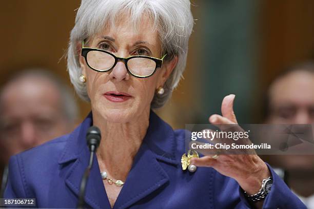 Health and Human Services Secretary Kathleen Sebelius answers questions about the error-plagued launch of Healthcare.gov while testifying before the...