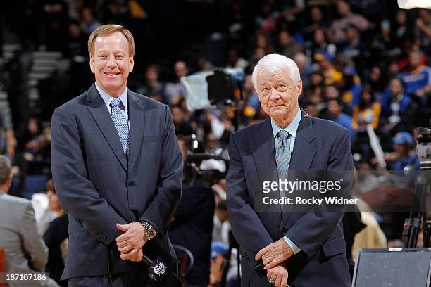 Sacramento Kings broadcasters Grant Napear and Jerry Reynolds at the game against the Golden State Warriors on November 2, 2013 at Oracle Arena in...