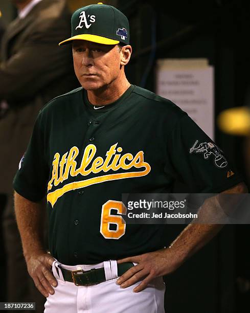 Manager Bob Melvin of the Oakland Athletics looks on during Game One of the American League Division Series against the Detroit Tigers on Friday,...