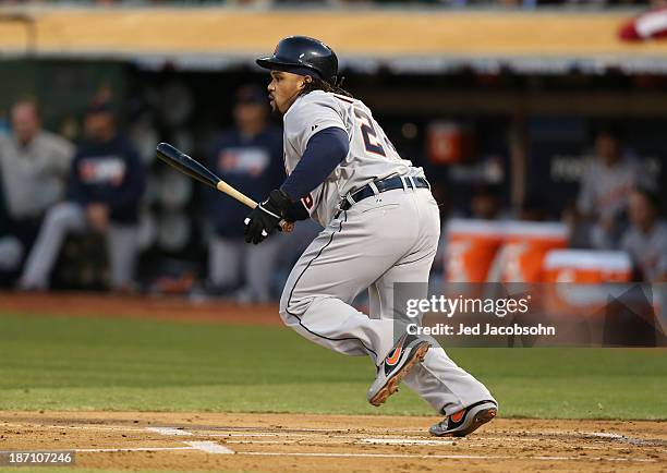 Prince Fielder of the Detroit Tigers bats during Game One of the American League Division Series against the Oakland Athletics on Friday, October 4,...