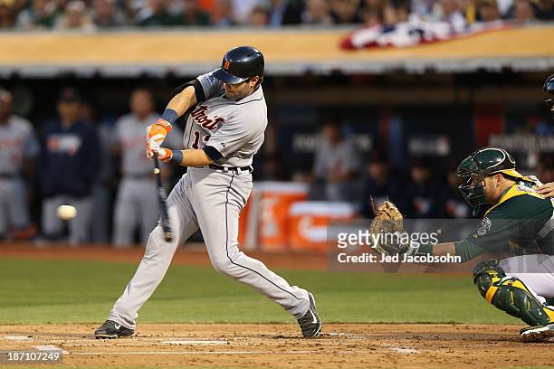 Alex Avila of the Detroit Tigers bats during Game One of the American League Division Series against the Oakland Athletics on Friday, October 4, 2013...