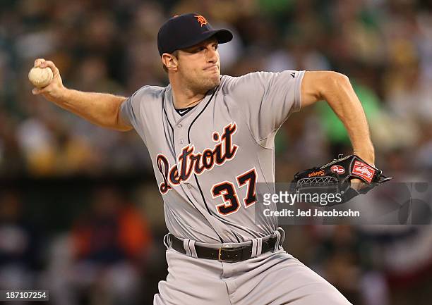 Max Scherzer of the Detroit Tigers pitches during Game One of the American League Division Series against the Oakland Athletics on Friday, October 4,...