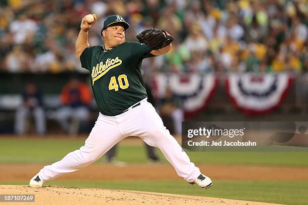 Bartolo Colon of the Oakland Athletics looks on during Game One of the American League Division Series against the Detroit Tigers on Friday, October...