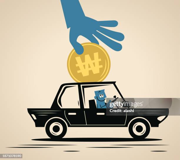 a smiling blue man drives a car and a big hand puts money into the car - summer job stock illustrations