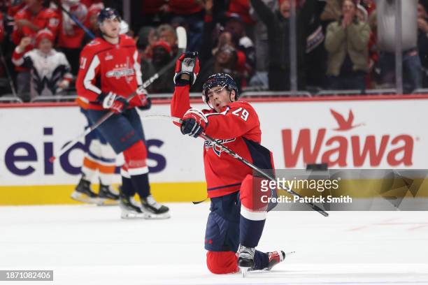 Hendrix Lapierre of the Washington Capitals celebrates after scoring a goal against the New York Islanders during the first period at Capital One...