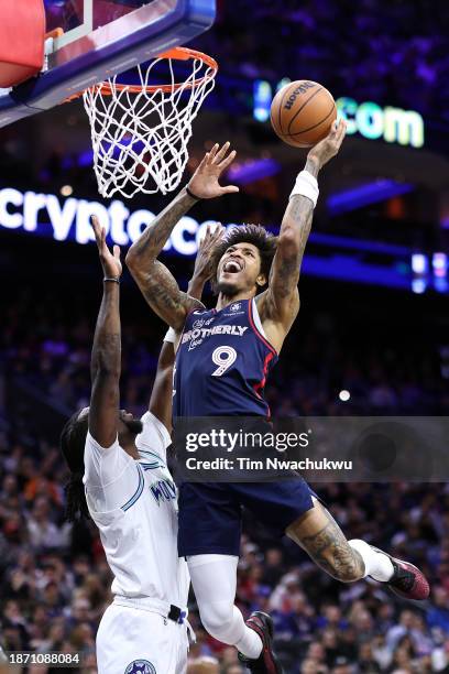 Kelly Oubre Jr. #9 of the Philadelphia 76ers shoots a lay up past Naz Reid of the Minnesota Timberwolves during the second quarter at the Wells Fargo...