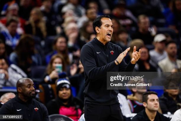 Head Coach Erik Spoelstra of the Miami Heat reacts during the first half of a game against the Orlando Magic at the Kia Center on December 20, 2023...