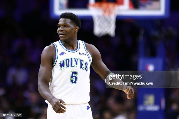 Anthony Edwards of the Minnesota Timberwolves reacts during the second quarter against the Philadelphia 76ers at the Wells Fargo Center on December...