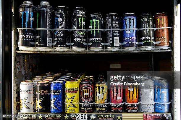 Cans of Monster Beverage Corp. Energy drink are displayed for sale at a convenience store in Redondo Beach, California, U.S., on Tuesday, Nov. 5,...