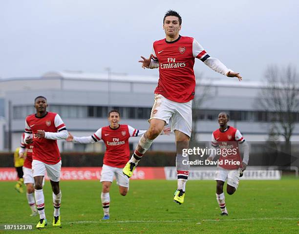 Jon Toral celebrates scoring Arsenal's 2nd goal during the match between Borussia Dortmund U19 and Arsenal U19 in the UEFA Youth League, at...