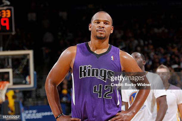 Chuck Hayes of the Sacramento Kings stands on the court against the Golden State Warriors on November 2, 2013 at Oracle Arena in Oakland, California....